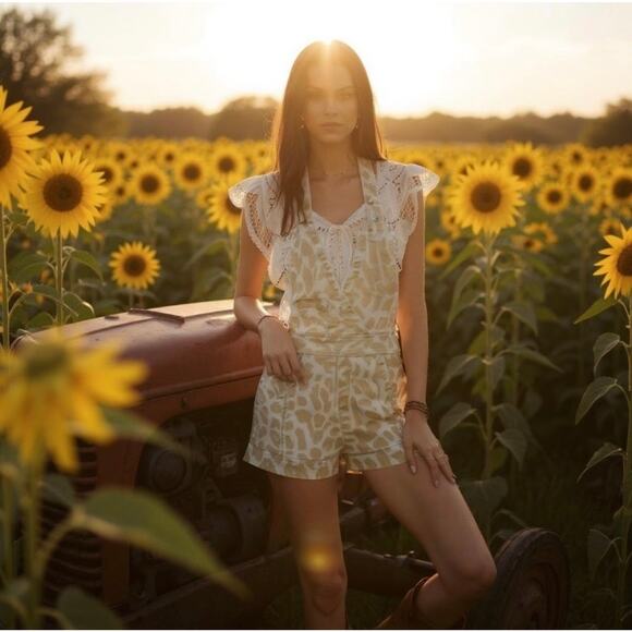 Maeve Anthropologie Gardeners Apron Shortalls Sz 10 Giraffe Print Beige Overall - Picture 2 of 10